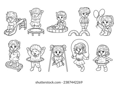 Playing kid characters with a hand-drawn outline sketch illustration set