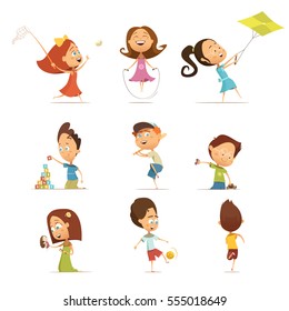 Playing kids cartoon set with kite and football symbols isolated vector illustration 