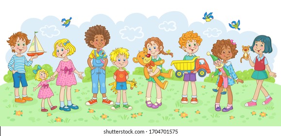 Playing kids. Children of different nationalities walk with their favorite toys in the summer glade. In cartoon style. Vector illustrations.