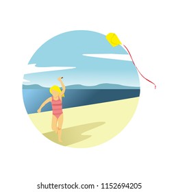 Playing Kite at Beach Summer Activity Scenery Illustration Design