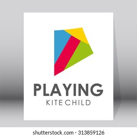 Playing kite colorful square game abstract vector logo design template fun kids business holiday icon company identity symbol concept