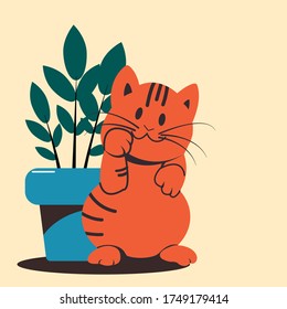 Playing kitten on the background of a houseplant in a pot. Flat vector illustration.