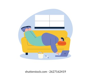 Jogando laptop enquanto deitado sem prestar atenção à pipoca espalhada, ilustração de vetor de preguiça.