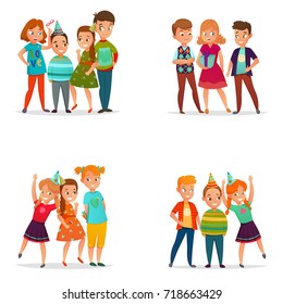 Playing little kids 4 retro cartoon icons square composition with birthday party cone hats isolated vector illustration 