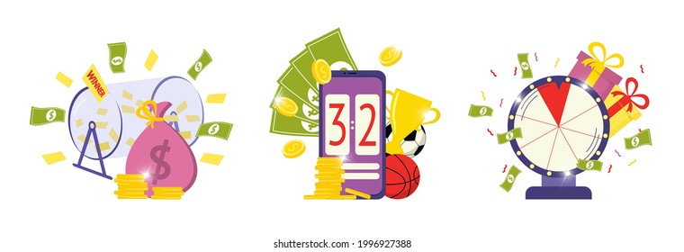 Playing lottery awards raffle, sports betting and fortune wheel icon set. Taking part in prize draw symbols. Online gambling addiction collection vector eps illustration isolated on white background