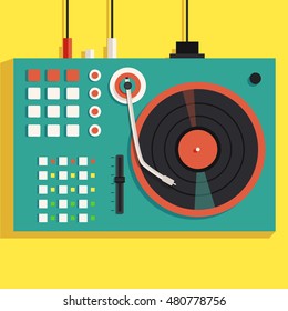 Playing mixing music on vinyl turntable. Vector flat illustration. Equipment deck and mixer. Retro style. sound and party. Modern music