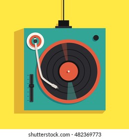 Playing mixing music on vinyl turntable. Vector flat illustration. Equipment deck and mixer. Retro style. sound and party. Modern music