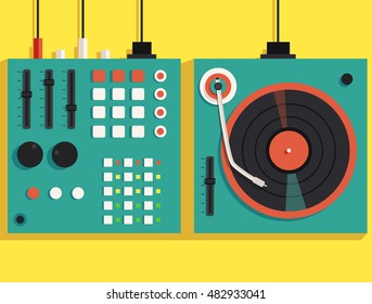 Playing mixing music on vinyl turntable. Vector flat illustration. Equipment deck and mixer. Retro style. sound and party. Modern music