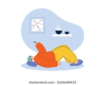 Jogando celular enquanto deitado no chão, ilustração de vetor de preguiça