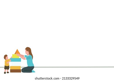  playing with mom, mother and son playing with blocks concept. mothers day, happy son,quality time in home. object design vector illustration for presentation.