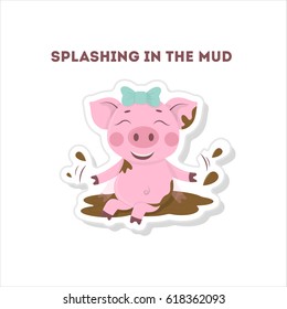 Playing in the mud. Isolated cute sticker on white background.