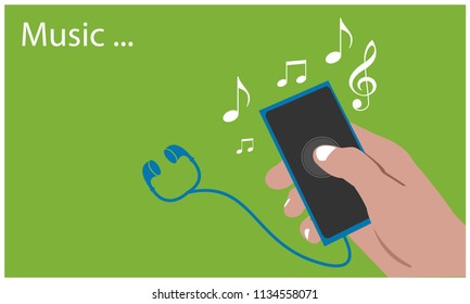playing music with hand held smartphone on the green background. Flat vector illustration.