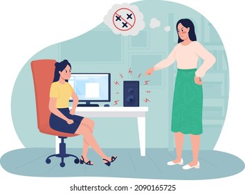 Playing music loudly 2D vector isolated illustration. Irritated mom scolding noisy teenager flat characters on cartoon background. Parent child conflict. Unacceptable teenage behavior colourful scene