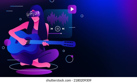 Playing Music in Metaverse Reality. Girl with Guitar in VR Goggles. Vector illustration