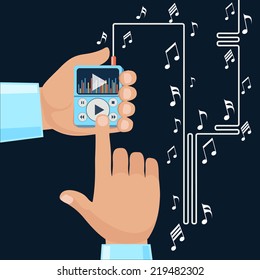 Playing music in Mp3 player hands on background with notes. Finger presses button play flat design cartoon style. Touchphone with connected headphones