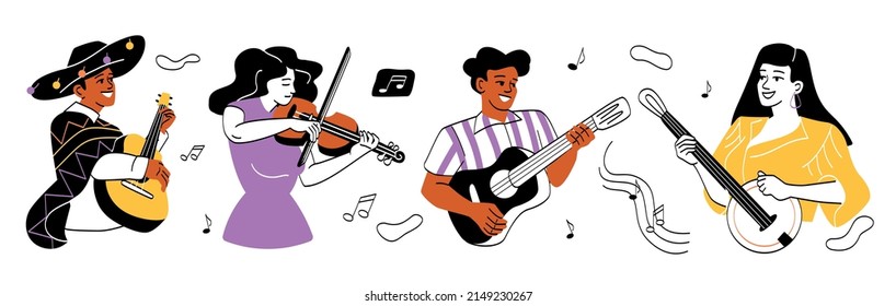 La gente de la música. Colección de músicos con instrumentos, hombres y niñas actúan en el escenario, grupo, pegatinas para redes sociales. Ilustraciones de caricaturas de vectores planos aisladas en fondo blanco