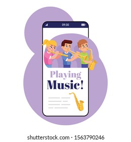 Playing music smartphone app screen. Mobile phone display with cartoon characters design mockup. Wind instrument training. Educational game kids application telephone interface