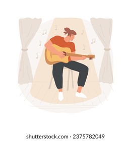 Reproducir un instrumento musical aislado ilustración vectorial de dibujos animados. Joven romántico tocando guitarra, haciendo una actuación con instrumentos musicales, actividad práctica vectorial caricatura.