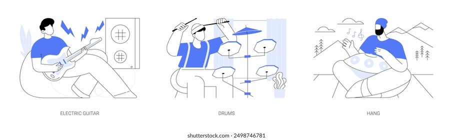 Playing musical instruments isolated cartoon vector illustrations set. Hipster boy playing electric bass guitar, musician plays drums at home, hang classes, handpan music, hobby vector cartoon.