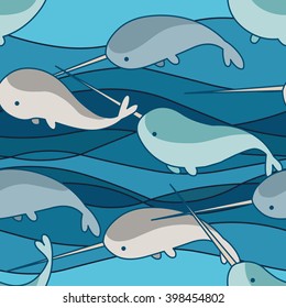 playing narwhals on wave background seamless pattern