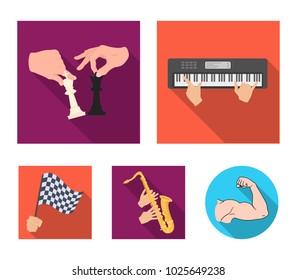 Playing on an electric musical instrument, manipulation with chess pieces and other web icon in flat style. playing on a gold saxophone, checkered flag of auto racing in hand icons in set collection.