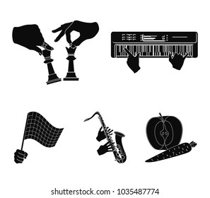 Playing on an electric musical instrument, manipulation with chess pieces and other web icon in black style. playing on a gold saxophone, checkered flag of auto racing in hand icons in set collection.