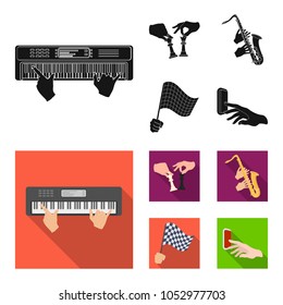 Playing on an electric musical instrument, manipulation with chess pieces and other web icon in black,flat style. playing on a gold saxophone, checkered flag of auto racing in hand icons in set