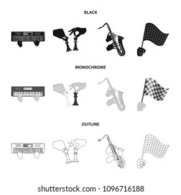 Playing on an electric musical instrument, manipulation with chess pieces and other web icon in black,monochrome,outline style. playing on a gold saxophone, checkered flag of auto racing in hand icons