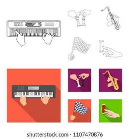Playing on an electric musical instrument, manipulation with chess pieces and other web icon in outline,flat style. playing on a gold saxophone, checkered flag of auto racing in hand icons in set