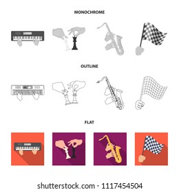 Playing on an electric musical instrument, manipulation with chess pieces and other web icon in flat,outline,monochrome style. playing on a gold saxophone, checkered flag of auto racing in hand icons