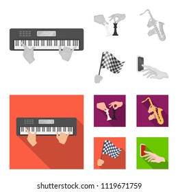 Playing on an electric musical instrument, manipulation with chess pieces and other web icon in monochrome,flat style. playing on a gold saxophone, checkered flag of auto racing in hand icons in set
