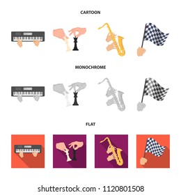 Playing on an electric musical instrument, manipulation with chess pieces and other web icon in cartoon,flat,monochrome style. playing on a gold saxophone, checkered flag of auto racing in hand icons
