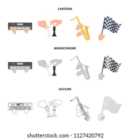 Playing on an electric musical instrument, manipulation with chess pieces and other web icon in cartoon,outline,monochrome style. playing on a gold saxophone, checkered flag of auto racing in hand