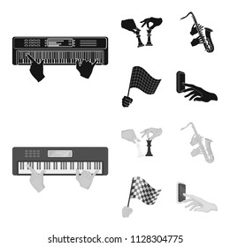 Playing on an electric musical instrument, manipulation with chess pieces and other web icon in black,monochrome style. playing on a gold saxophone, checkered flag of auto racing in hand icons in set