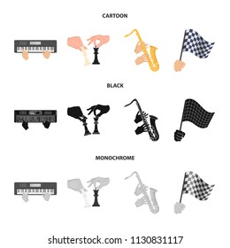 Playing on an electric musical instrument, manipulation with chess pieces and other web icon in cartoon,black,monochrome style. playing on a gold saxophone, checkered flag of auto racing in hand icons