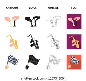 Playing on an electric musical instrument, manipulation with chess pieces and other web icon in cartoon,black,outline,flat style. playing on a gold saxophone, checkered flag of auto racing in hand