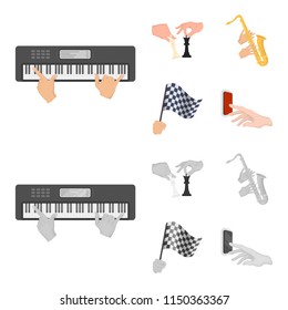 Playing on an electric musical instrument, manipulation with chess pieces and other web icon in cartoon,monochrome style. playing on a gold saxophone, checkered flag of auto racing in hand icons in