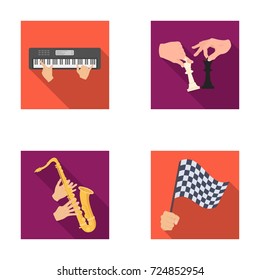 Playing on an electric musical instrument, manipulation with chess pieces and other web icon in flat style. playing on a gold saxophone, checkered flag of auto racing in hand icons in set collection.