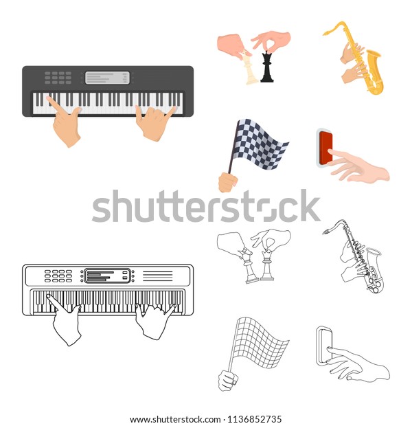 Playing on an electric musical instrument,\
manipulation with chess pieces and other web icon in\
cartoon,outline style. playing on a gold saxophone, checkered flag\
of auto racing in hand icons in\
set