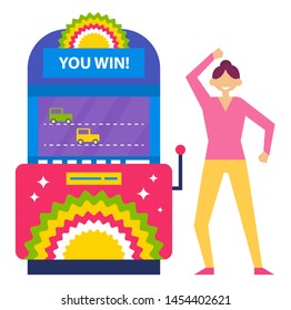 Playing on game machines vector, isolated electronic device with screen showing transport on road. Victory of character, dancing personage happy woman