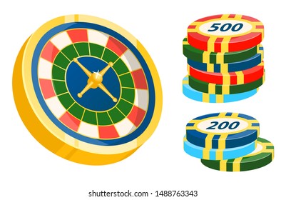 Playing on money betting and winning, chips with values and roulette with dollars inscriptions . Risk and luck texas holdem gambling games set. Vector illustration in flat cartoon style