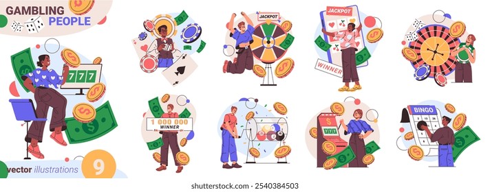 Playing on money and gambling people. Vector isolated cartoon characters with bingo tickets and slot machines. Winning dollars and coins. Gambler leisure time and entertainment. Lottery and jackpot