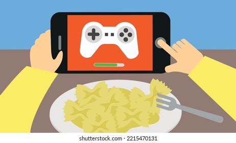 Playing on a smartphone while eating