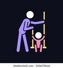 Playing on swings RGB color icon for dark theme. Outdoor play with child. Motor skills development. Isolated vector illustration on night mode background. Simple filled line drawing on black