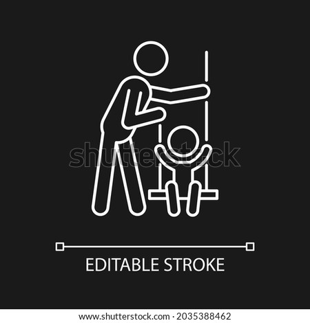 Playing on swings white linear icon for dark theme. Outdoor play with child. Motor skills develop. Thin line customizable illustration. Isolated vector contour symbol for night mode. Editable stroke