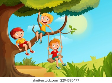 Сhildren playing on a tree in the park. Little boys hang on tree branches and on a swing. Colourful cartoon characters
