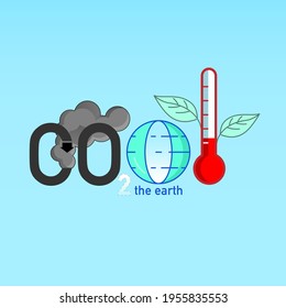 Playing on word CO2 as a gimmick of cool the earth typographic design. Reducing carbon dioxide emissions is a way to make the earth cool. Vector illustration outline flat design style.
