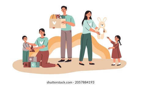 Playing with orphans concept. Man and woman volunteers give toys to children in shelter and spend time with them. Charity and donations. Cartoon flat vector illustration isolated on white background