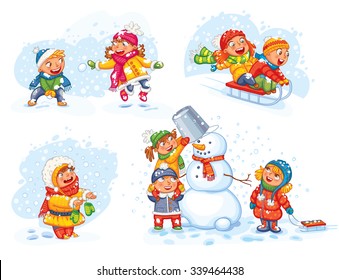 Playing outdoor. Children sledding. Boy and girl playing in snowballs. Schoolchildren making the snowman. Girl trying to catch snowflakes with her tongue. Funny cartoon character. Vector illustration.