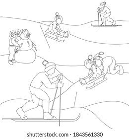 Playing outdoor. Children sledding. Boys skiing. Girl making the snowman. Funny cartoon character. Coloring page.